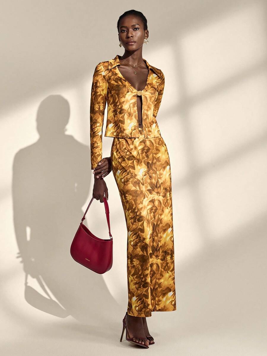 Almamuse Women Elegant Floral Print Skirt & Long Sleeve 2 Pieces Set Fall Cloth For Women - Orange - View 1