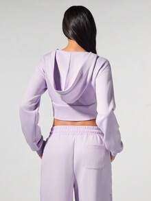 Fluxe Casual Solid Color Knit Cropped Long Sleeve Fitted Hooded Women Sweatshirt Jacket In Fall/Winter - Mauve Purple - View 2