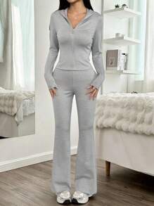 Sparklyn 少女休闲基础款运动瑜伽日常居家连帽修身夹克+喇叭裤针织套装，秋冬 - 灰色 - 查看 3