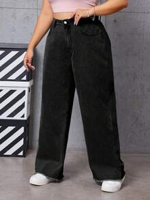 SHEIN EZwear 大尺碼女士直筒牛仔褲帶口袋 - 黑色 - 查看 3