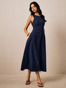 Poéselle Vacation Casual Solid Color Front Button Sleeveless Dress - Navy Blue - View 3