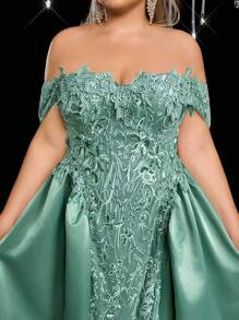 SHEIN Belle Elegant Romantic Off Shoulder Lace Applique Puff Maxi Dress, Suitable For Balls, Vacations, Wedding Photoshoots, Weddings, Bridal Gowns - Green - View 6