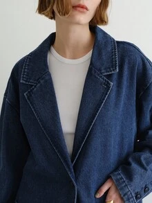FRIFUL 女式休闲百搭宽松牛仔夹克，带双口袋 - 藍色 - 查看 13