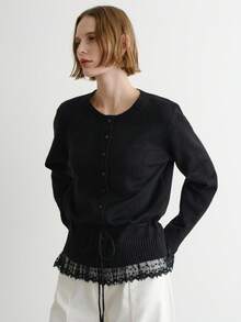 FRIFUL Women's Casual Lace Patchwork Drawstring Crew Neck Loose Hem Cardigan Black Lace Cardigan Lace Sleeve Cardigan Black Cardigan With Lace Black Lace Top Lace Trim Cardigan - Black - View 9