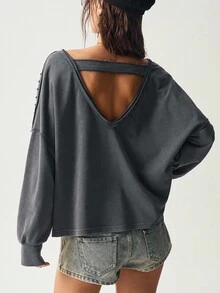 Bohemela 秋冬BOHO风休闲纯色铆钉针织V领长袖宽松水洗女式卫衣 - 黑色 - 查看 7