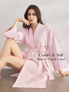 Ocili 休闲女士舒适棉质编织条纹系带长袍，家居服，秋季 - 粉色 - 查看 1