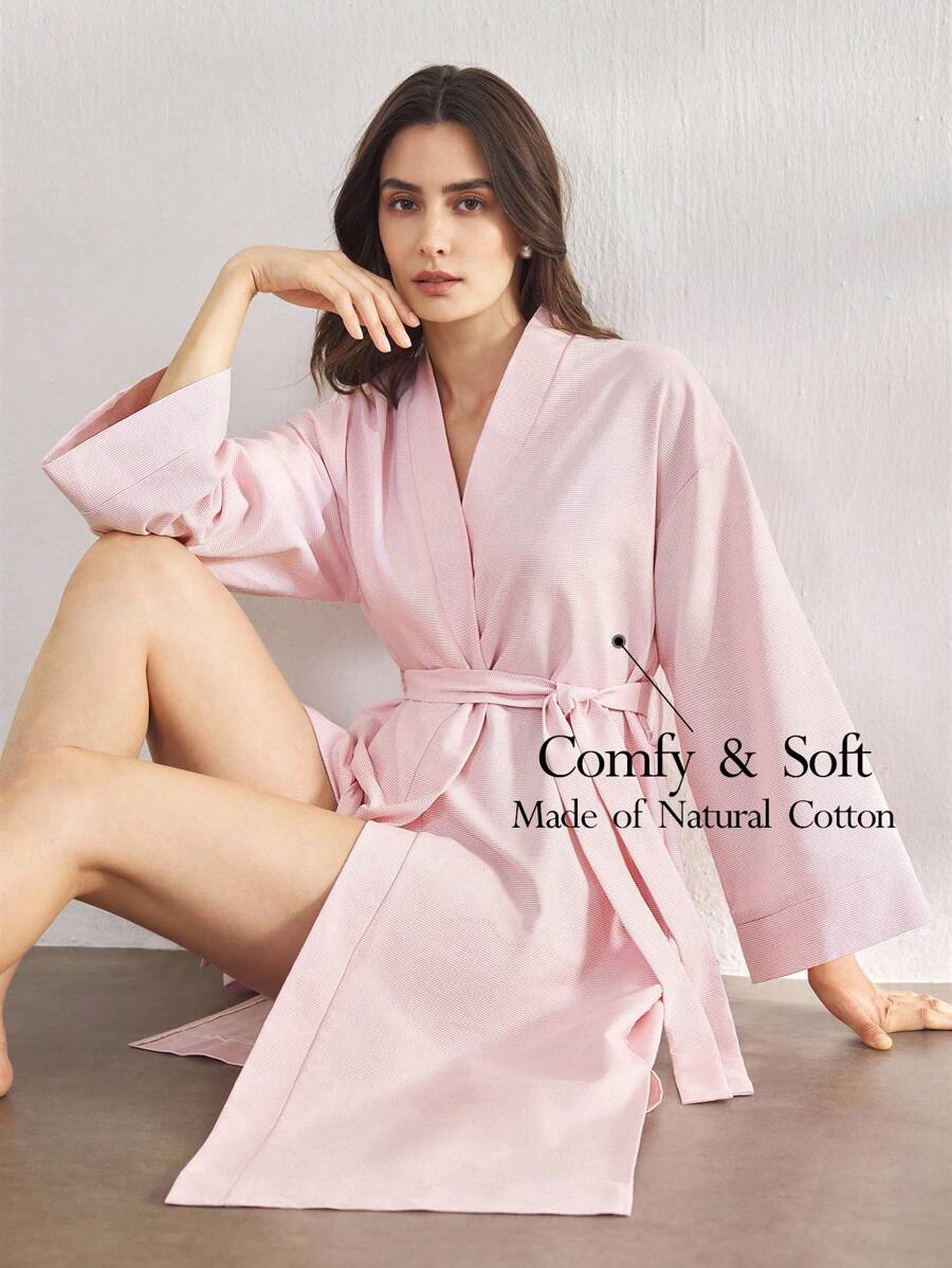 Ocili 休闲女士舒适棉质编织条纹系带长袍，家居服，秋季 - 粉色 - 查看 1