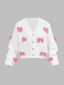 SHEIN Girlism Teen Girls Pink Three-Dimensional Bow Accessories Cute Minimalist Cardigan, Long Sleeve Tops,Suitable For Autumn And Winter Girls Cardigan With Bows Kids Bow Cardigan Cute Cardigan For Girls Girls White Cardigan Pink And White Cardigan Fall Pink Bow Cardigan Cardigans For Girls - White - View 3
