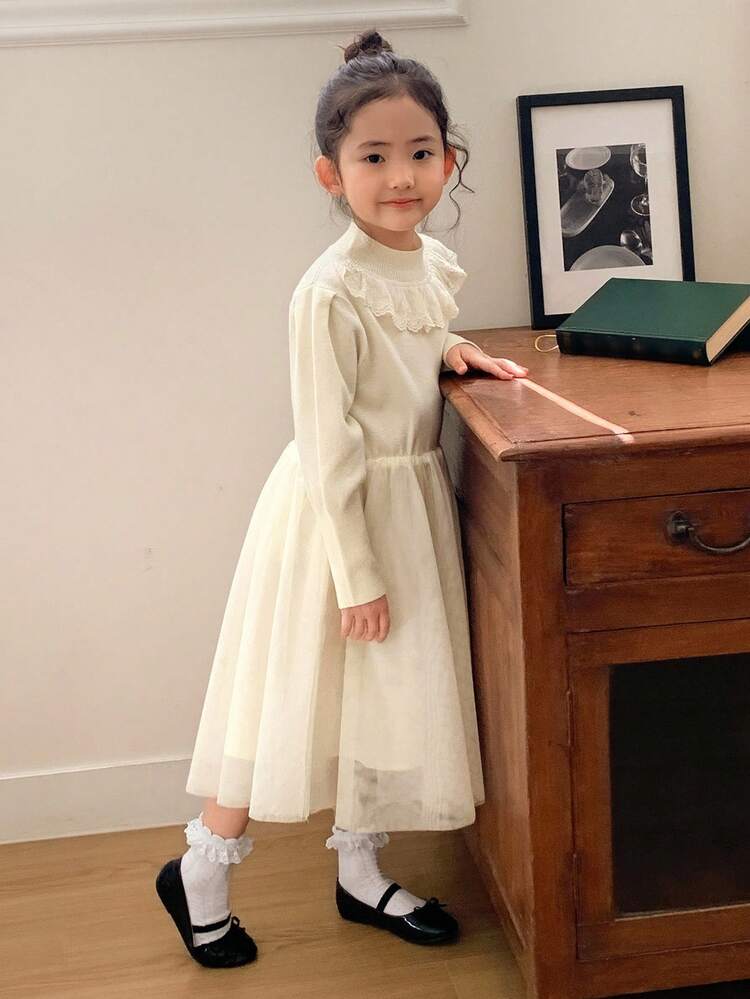 Young Girl Lace Patchwork Round Neck Ruffle Hem Mesh Patchwork Long Dress, Spring/Autumn