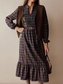 Florisole 波西米亚风格子流苏腰部系带褶饰长袖连衣裙，秋冬款 - 藏蓝色 - 查看 1