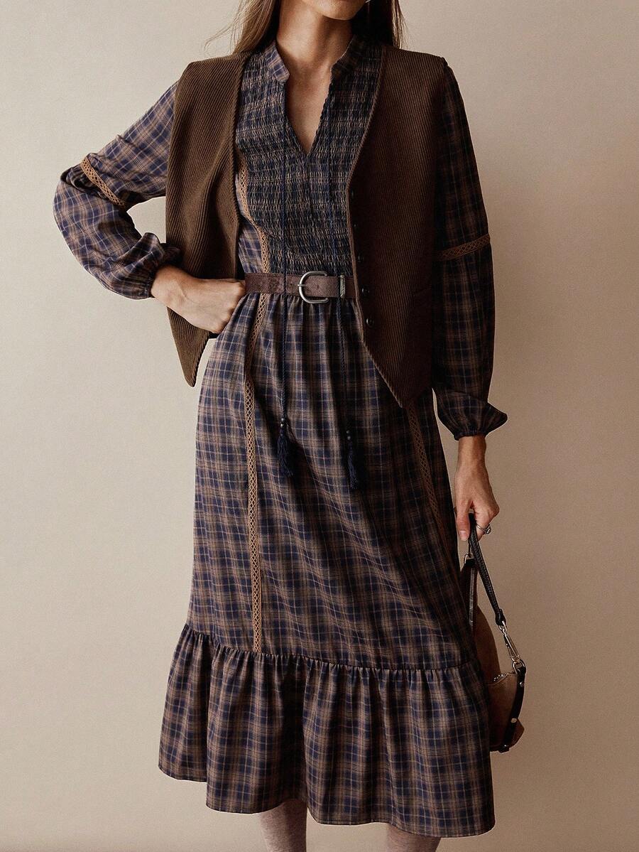 Florisole 波西米亚风格子流苏腰部系带褶饰长袖连衣裙，秋冬款 - 藏蓝色 - 查看 1