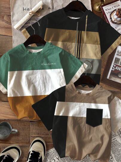SHEIN 3 Pcs/Set Tween Boys Casual Graphic Print Geometric Patchwork Design Round Neck Short Sleeve T-Shirts, Fashionable For Summer
