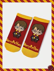 HARRY POTTER X SHEIN 1 双女式卡通人物图案拼色踝袜 - 紅色 - 查看 1