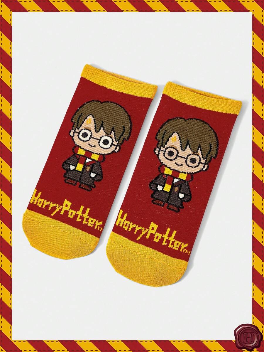 HARRY POTTER X SHEIN 1 双女式卡通人物图案拼色踝袜 - 紅色 - 查看 1