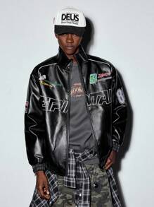 MODCRASH Men's Pu Leather Embroidered Biker Rave Jacket, Boxy Clothing, Streetwear Jacket, Autumn Clothes, Fall, Winter, Winter, Winter - Black - View 9