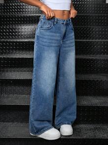 SHEIN Jeans droits en denim doublé thermique à taille haute ample et délavé pour préadolescentes, style années 90/Y2K, décontracté. Jeans évasés casual avec poches, pour l'automne/l'hiver, gardant au chaud, idéal pour les filles pour la rentrée scolaire, l'homecoming. Pantalon évasé streetwear vintage, jeans larges Y2K, jeans ample pour adolescentes. - Jean bleu - Voir 3