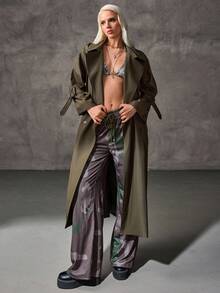 CasuGlow Khaki Relaxed Fit Lightweight Trench Coat For Urban And Office Wear, Soft Breathable Fabric, Adjustable Belt And Cuffs, Perfect For Spring And Autumn Outfits Trench Coat Women Long Coat Long Coats For Women Outerwear Women Womens Olive Green Coat Womens Trench Coat - Khaki - View 6