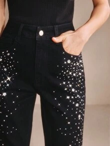 Anewsta Women's Rhinestone Embellished Elegant Black Skinny Jeans, Suitable For Valentine's Day Party - Blue - View 3