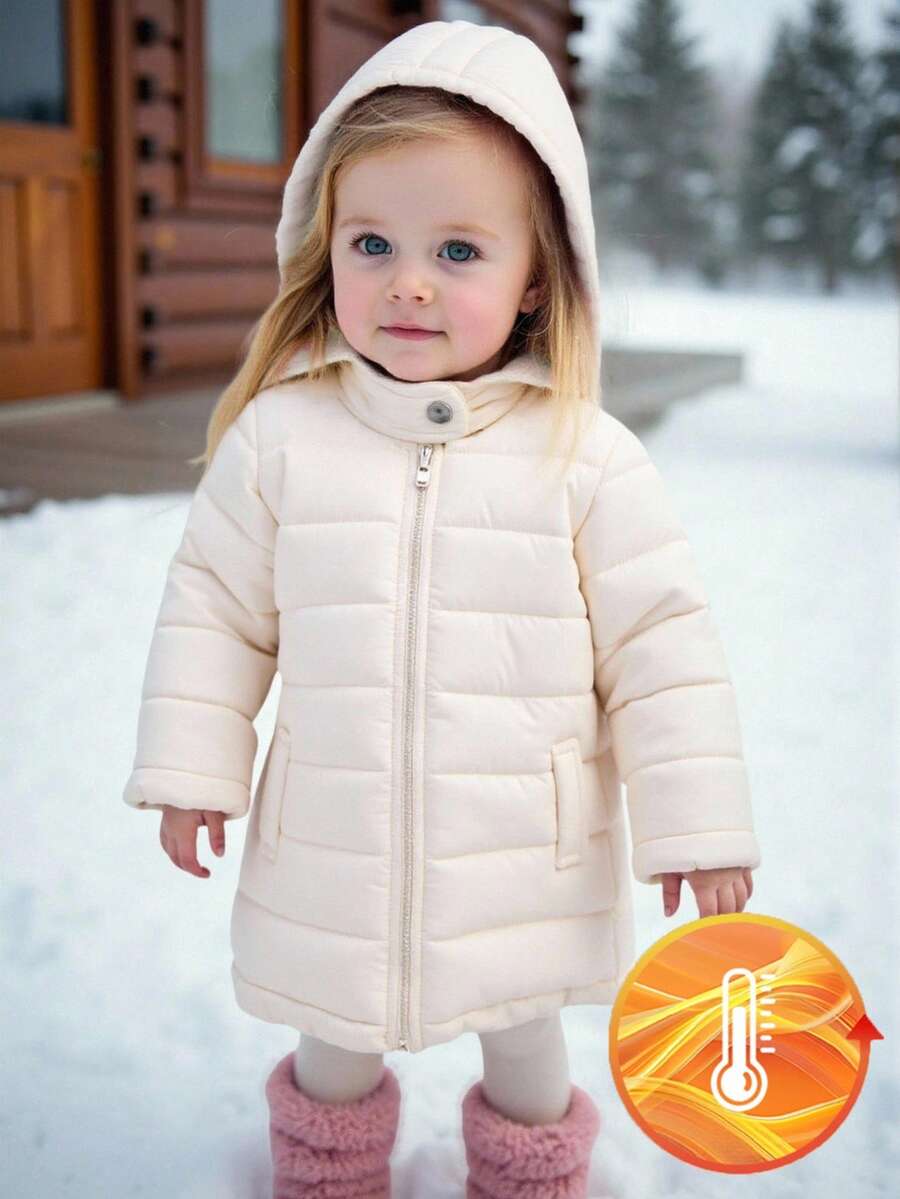 SHEIN Playful Pals 女婴冬季时尚简约杏色长袖连帽中长款棉衣,适合户外雪景 - 杏色 - 查看 1