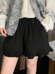 FRIFUL 女士黑色纯色弹力腰灯芯绒面料荷叶边休闲宽松百搭短裤，秋季款 - 黑色 - 查看 2