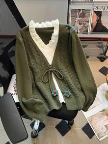 Franclia French Casual Style Olive Green V-Neck Ruffled Trim Pom Pom Knit Pullover Sweater