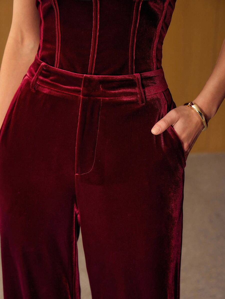 MOTF PREMIUM 女士秋冬天鹅绒直筒裤 - 酒紅色 - 查看 2