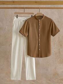 HIMLAND 2pcs/Set Men's Casual Stand Collar Short Sleeve Shirt & Pants Set, Cozy Outfits