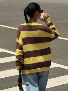 Muchica Fall Women Clothes Korean Style Women's Casual Loose Fit Drop Shoulder Pullover Sweater Brown And Yellow Striped Sweater