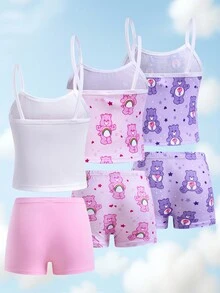 SHEIN X Care Bears 6pcs/Set Young Girl Cartoon Bear Print Cami Top & Shorts Lingerie Undershirt Set , Kawaii,Y2K,Cute,Sweet