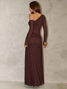 SHEIN BAE Elegant Dark Brown Oblique Shoulder Semi-Sheer Long Sleeve Extra Long Dress For Women,Autumn Night Out,Cocktail Parties,Formal Evening Wear,Valentine - Brown - View 2