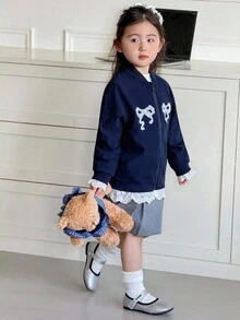 Genkimix Kids 女童休闲时尚运动插肩袖宽松蕾丝蝴蝶结刺绣贴花蕾丝边甜美时尚夹克外套 - 藏蓝色 - 查看 3