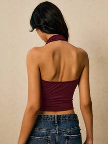 Poéselle Atasan Camisole Tanpa Punggung Model Halter Warna Polos Seksi untuk Wanita, Atasan Merah Musim Panas - Burgundy - View 5