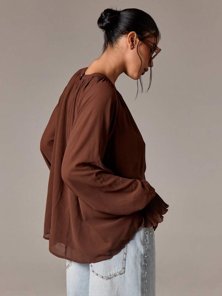 Chiffon Blouse With Pleated Cuffs And Lace Detail