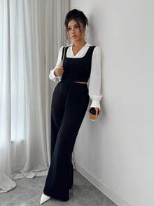 Elenzga 2pcs Women's Elegant Patchwork Striped Collar Shirt + Pants Set - Multicolor - View 5