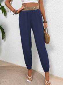 EMERY ROSE Women's Metal Decor Waistband High Waist Slim Pants Fall Cloth For Women - Navy Blue - View 4