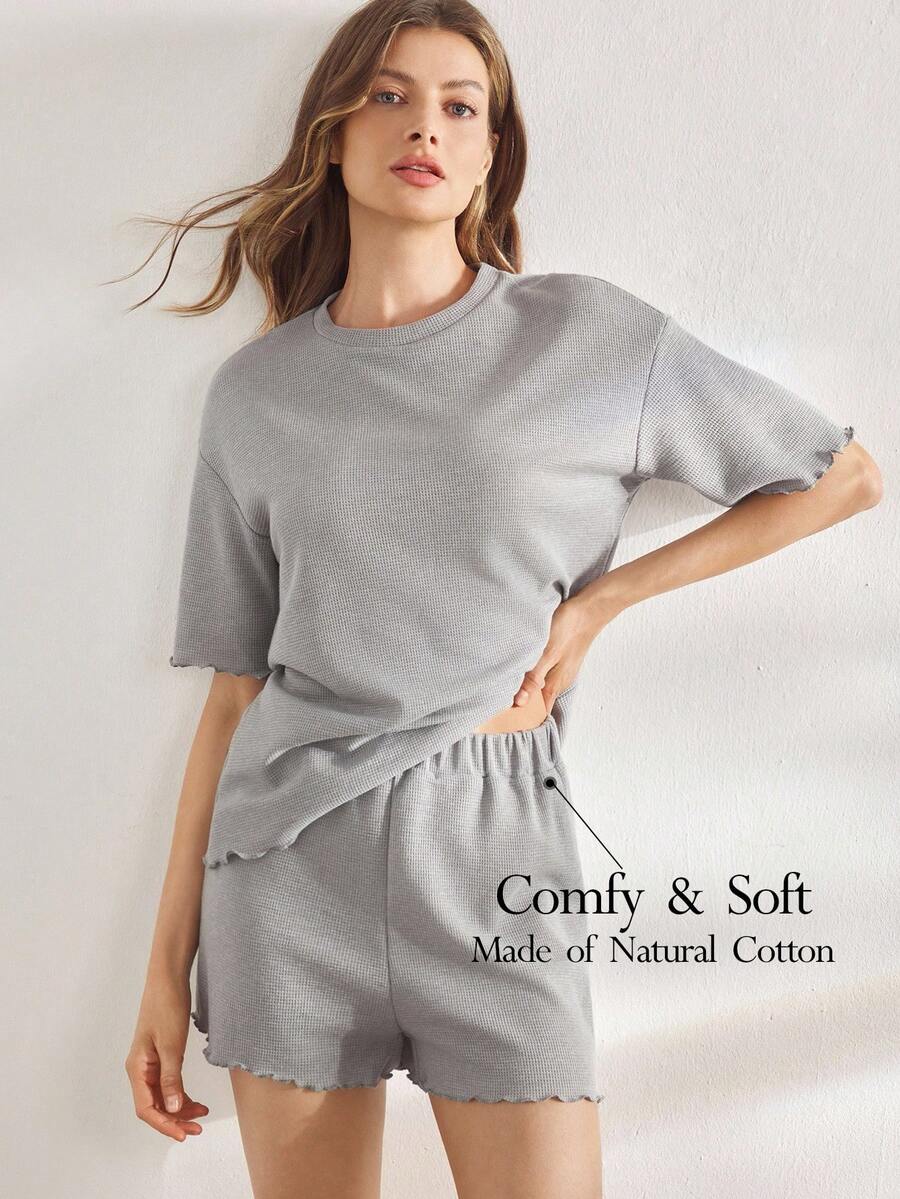 Ocili 女士休闲纯棉柔软宽松生菜花边上衣和短裤睡衣套装