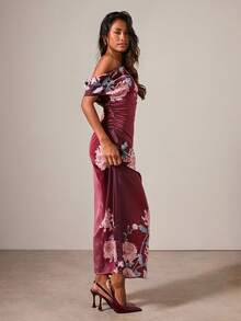 COSMINA 女士优雅印花斜肩长裙 - 酒紅色 - 查看 6