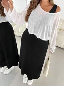 SHEIN Essnce 大码女装春夏时尚休闲宽松舒适日常透气轻薄防晒白色长袖衬衫和黑色背心长裙两件套，Y2k 服饰，街头服饰，女士配套套装，女士度假装，欧洲夏季，机场装 - 黑與白 - 查看 5