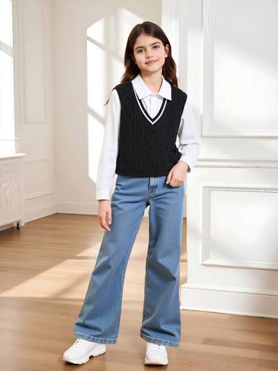 2 件 Tween Girl 女童学院通勤衬衫和针织背心和牛仔裤休闲套装，秋冬