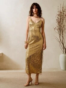 Arave 女式编织亮片流苏细肩带束腰紧身派对/音乐会连衣裙，夏季 - 金色 - 查看 7