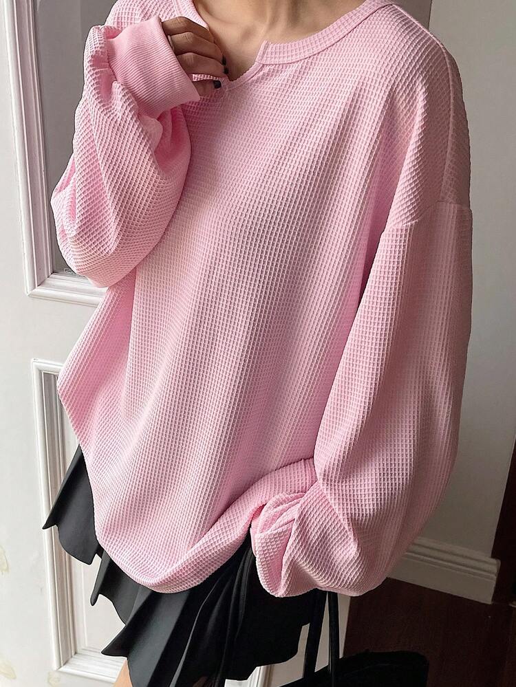Women's Solid Color V-Neck Drop Shoulder Long Sleeve Casual Loose T-Shirt Pink Top Pink Long Sleeve Top Korean Fashion Top Pink Waffle Top V-Neck Top