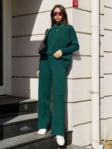 EURMUSE 女士休闲通勤纯色毛衣和针织裤两件套 - 墨綠色 - 查看 4