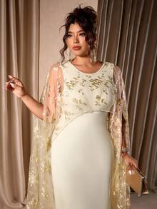 Cravure Plus Size Women's Round Neck Cinched Waist Mesh Bodycon Dress, Flattering Fit, Versatile Fashion, Suitable For Daily Wear, Parties, And Special Occasions