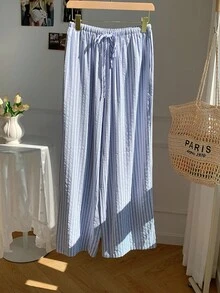 SHEIN CURVE+ 大码女式长款梭织面料条纹蓝色长裤，休闲版型，蓝色条纹裤，女士秋季服装 - 藍白色 - 查看 4