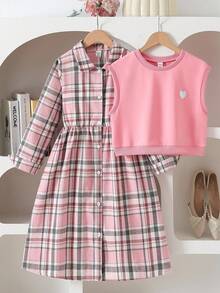 SHEIN Tween Girls Elegant College Style Back To School Plaid Shirt Dress With Long Sleeves+Heart Decor Knitted Vest Sweatshirt 2-Piece Set, Autumn/Winter Fall