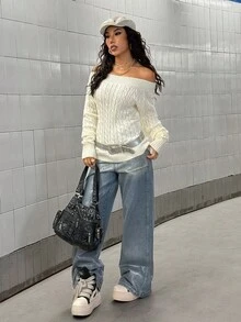 SHEIN HypeZone 女士街头风露肩扭绳宽松休闲长袖毛衣，秋冬 - 杏色 - 查看 3