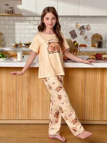 SHEIN 2件套可爱动物印花女童睡衣套装，短袖上衣和长裤 - 彩色 - 查看 4