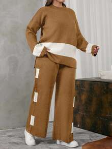 EURMUSE Women's Color Block Knitted Sweater Two Pieces Set - Camel - View 4