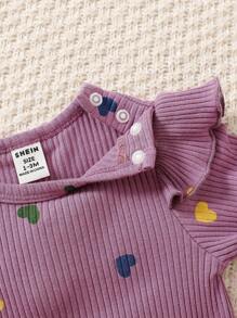 SHEIN 情人节新生儿爱心印花连体衣，舒适针织休闲连体衣配发带，秋冬季款 - 紫色 - 查看 7