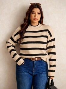 Elaquor Plus Size Striped Print Casual Pullover Sweater In Fall/Winter